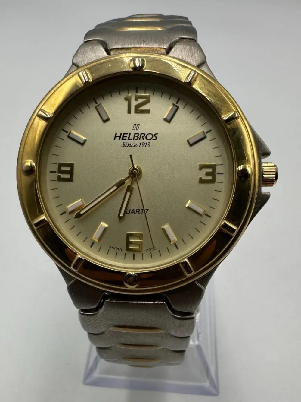Helbros Watch Men Silver Gold Two Tone 38MM Round Dial New Battery 8.25 Inch